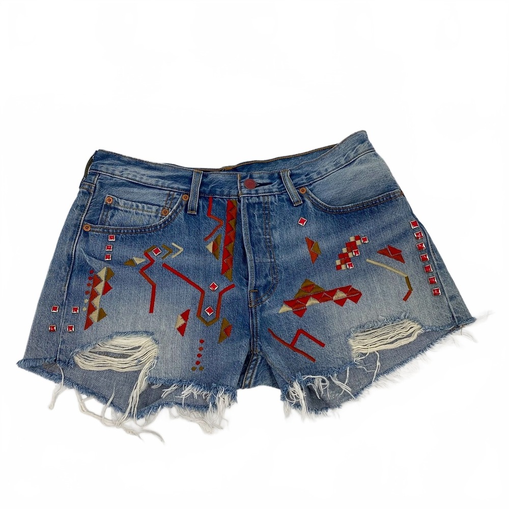 Levi's Blue Red Denim Shorts Cut-Off Embroidered | Womens 10